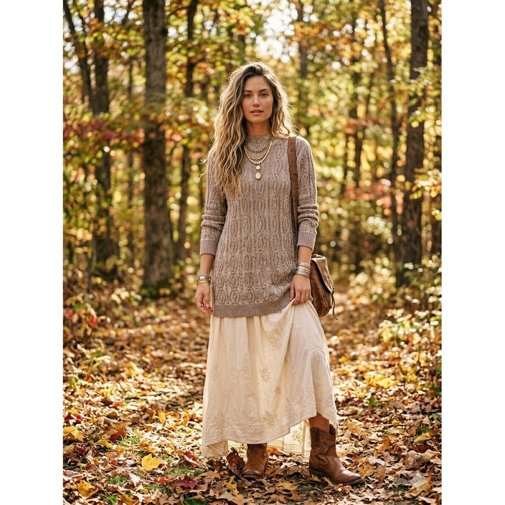 Eight Eight Eight Cable Knit Sweater Womens XL Taupe Boho Chic Tunic Fall Season
